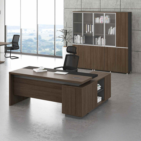 Carter Executive Office Desk + Left Return - 180cm - Coffee & Grey