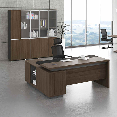 Carter Executive Office Desk + Right Return - 180cm - Coffee + Grey