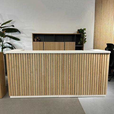 KENTO Reception Desk 240cm - Timber Slat Acoustic White & Oak