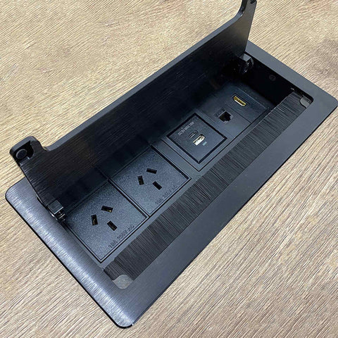 In Desk Cable Management Cubby Power, USB, HDMI & Data Box - 26.5cm -  Black