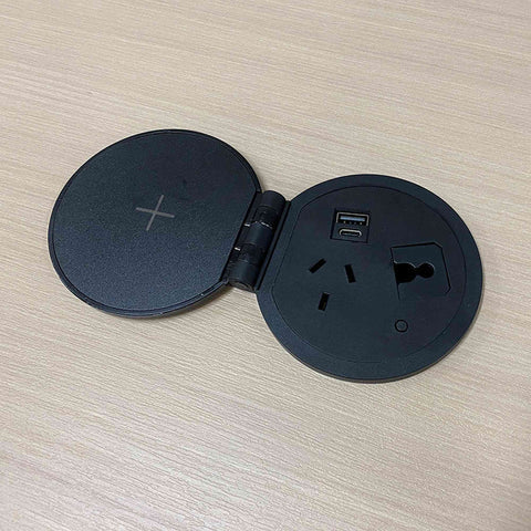 Round In Desk Power, Wireless Charging & USB Cable Cubby Management Dock - 9cm - Black