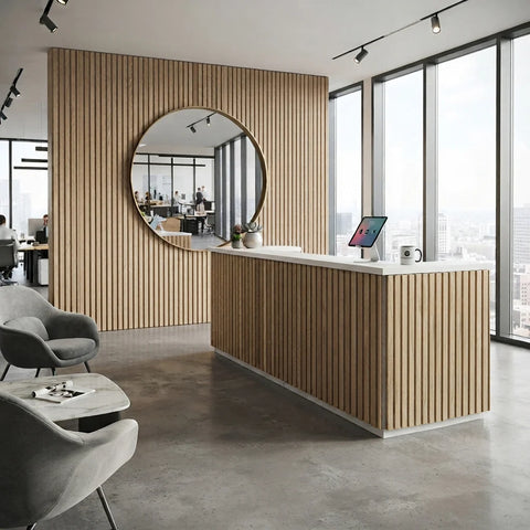KENTO Reception Desk 180cm - White & Oak Timber Slat Acoustic