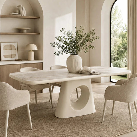 ECLIPSE 220cm Dining Table Travertine Look Top - Ivory