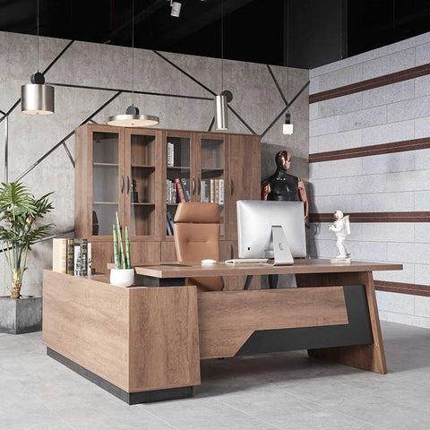 SUTTON Executive Desk with Right Return 180cm - 200cm - Warm Oak & Black