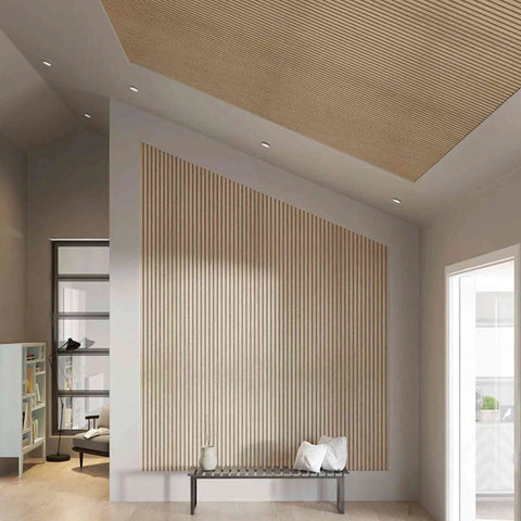 WOODFLEX Flexible Acoustic Wood Slat Wall Panel, Oak Veneer on Grey - 2700mm x 560mm