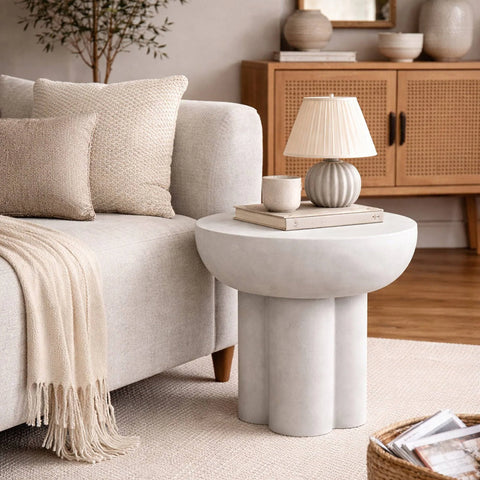 ROCCO Indoor & Outdoor Round Side Table Stool 45cm - White Concrete