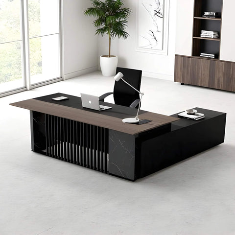 MADEIRA Executive Desk 220cm Left Return - Hazelnut & Black Concrete