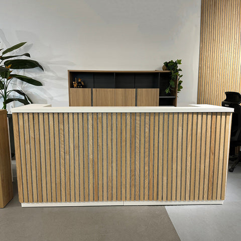 KENTO Reception Desk 240cm - Timber Slat Acoustic White & Oak - innovatec.com.au