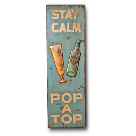 Wooden Print "Stay Calm Pop A Top" In Antique Blue