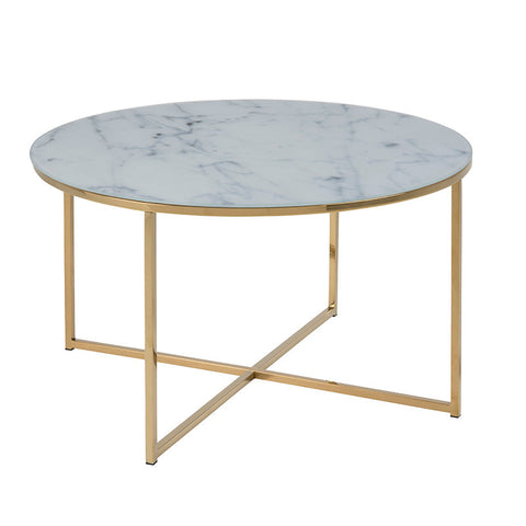 KOLINA Glass Marble Round Coffee Table 80cm - White/ Gold Chrome