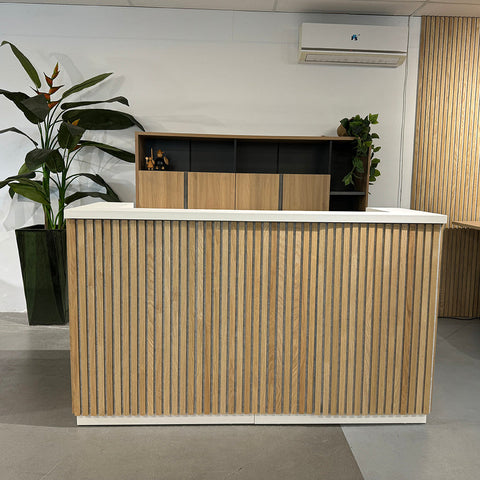 KENTO Reception Desk 180cm - White & Oak Timber Slat Acoustic - innovatec.com.au