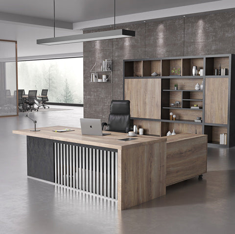 AFTAN Executive Desk with Pedestal & Left Mobile Return 180cm - Warm Oak & Black - innovatec.com.au